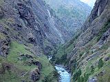 Manaslu 05 02 Valley Narrows After Ekle Bhatti Just after leaving Ekle Bhatti, the valley narrows, with the river carving a steep gorge below, while a waterfall is just visible on the right.